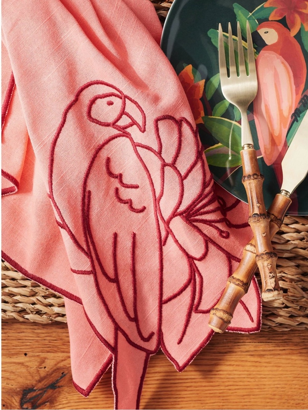 FARM Rio Tropical Bird Embroidered Napkin- set of 2 | Pink Parrot | NWT